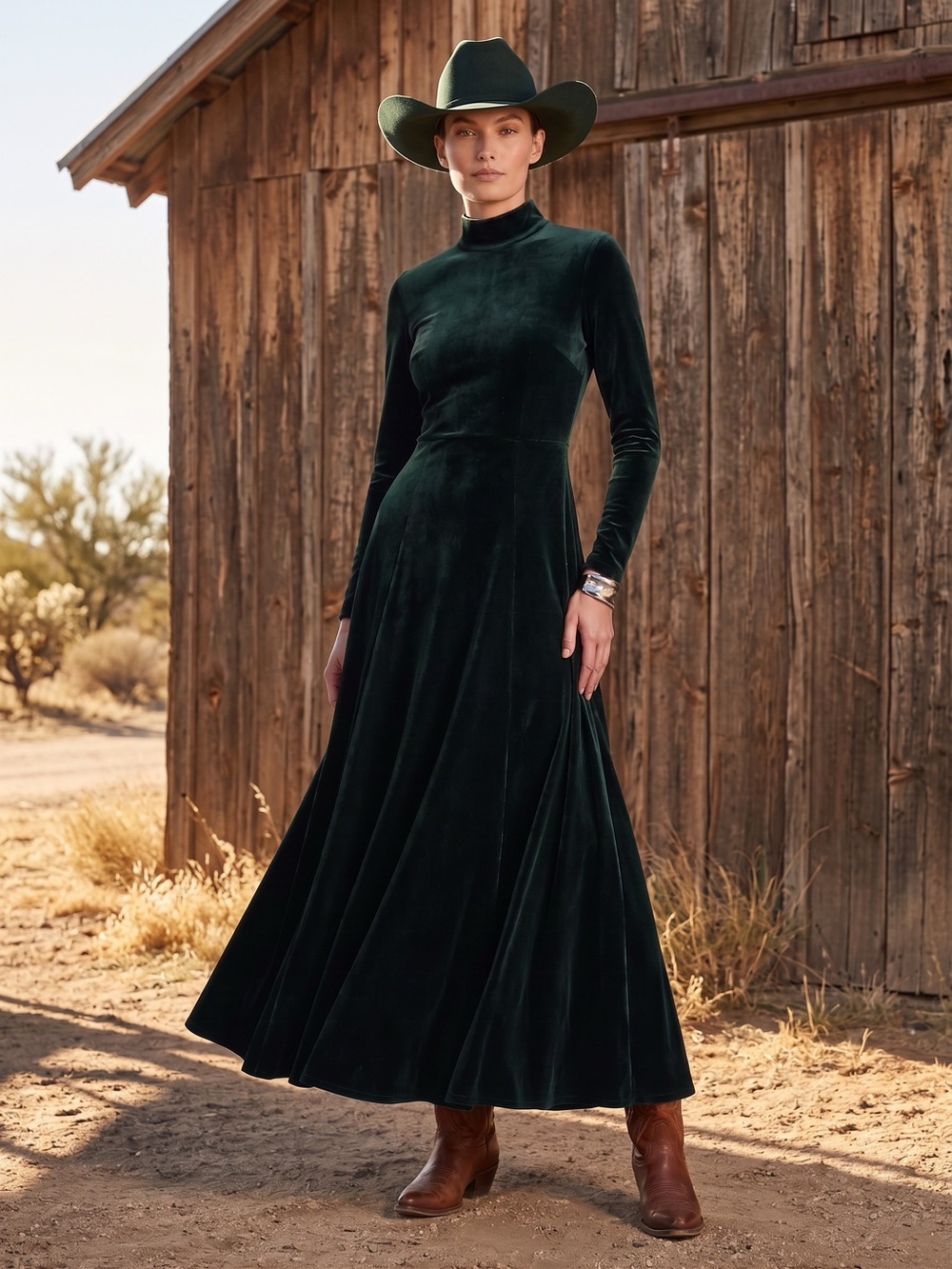 Double D Ranch Vintage Green Velvet Long Sleeve Maxi Dress